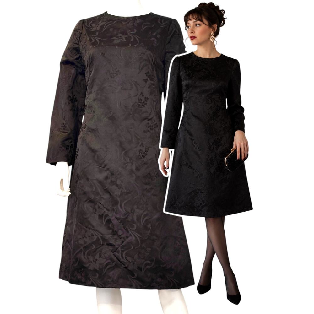 Vtg Black Satin Sheath Dress Womens Size M/L Whimsigoth Vamp Formal Midi MCM